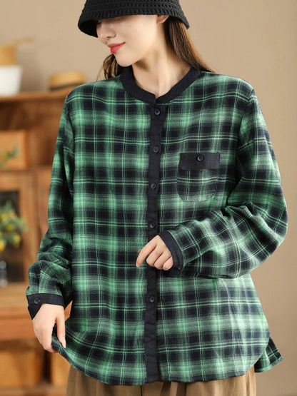 Women Ethnic Autumn Plaid Cotton Colorblock Shirt Coat AV1034