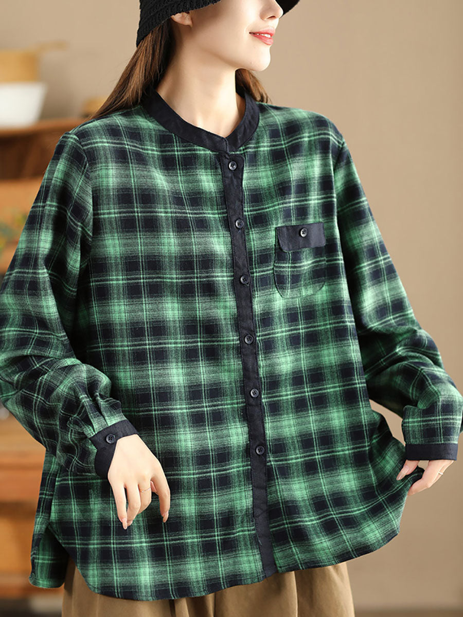 Women Ethnic Autumn Plaid Cotton Colorblock Shirt Coat AV1034