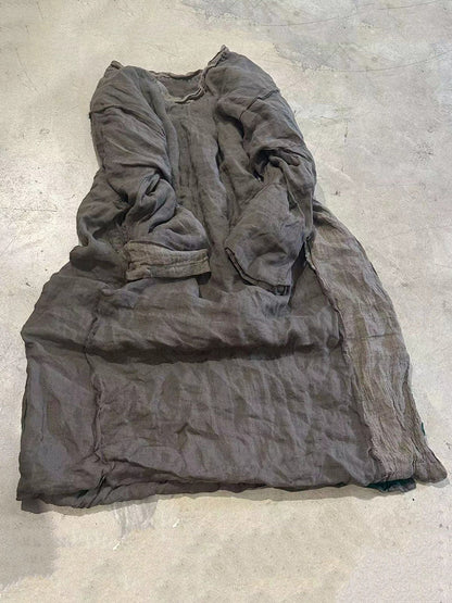 Women Retro Autumn Colorblock Linen Robe Dress AV1065