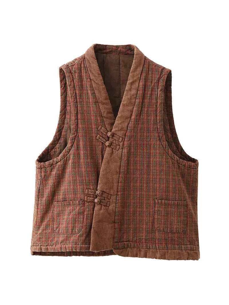 Women Ethnic Plaid Colorblock V-Neck Cotton Vest Coat AV1063