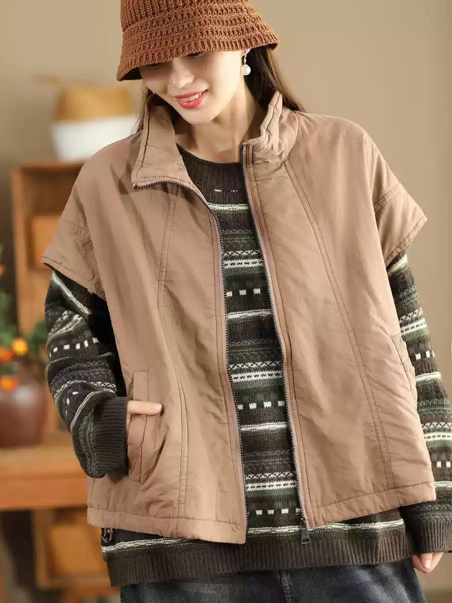 Women Retro Solid Stand Collar Cotton Vest Coat WG019