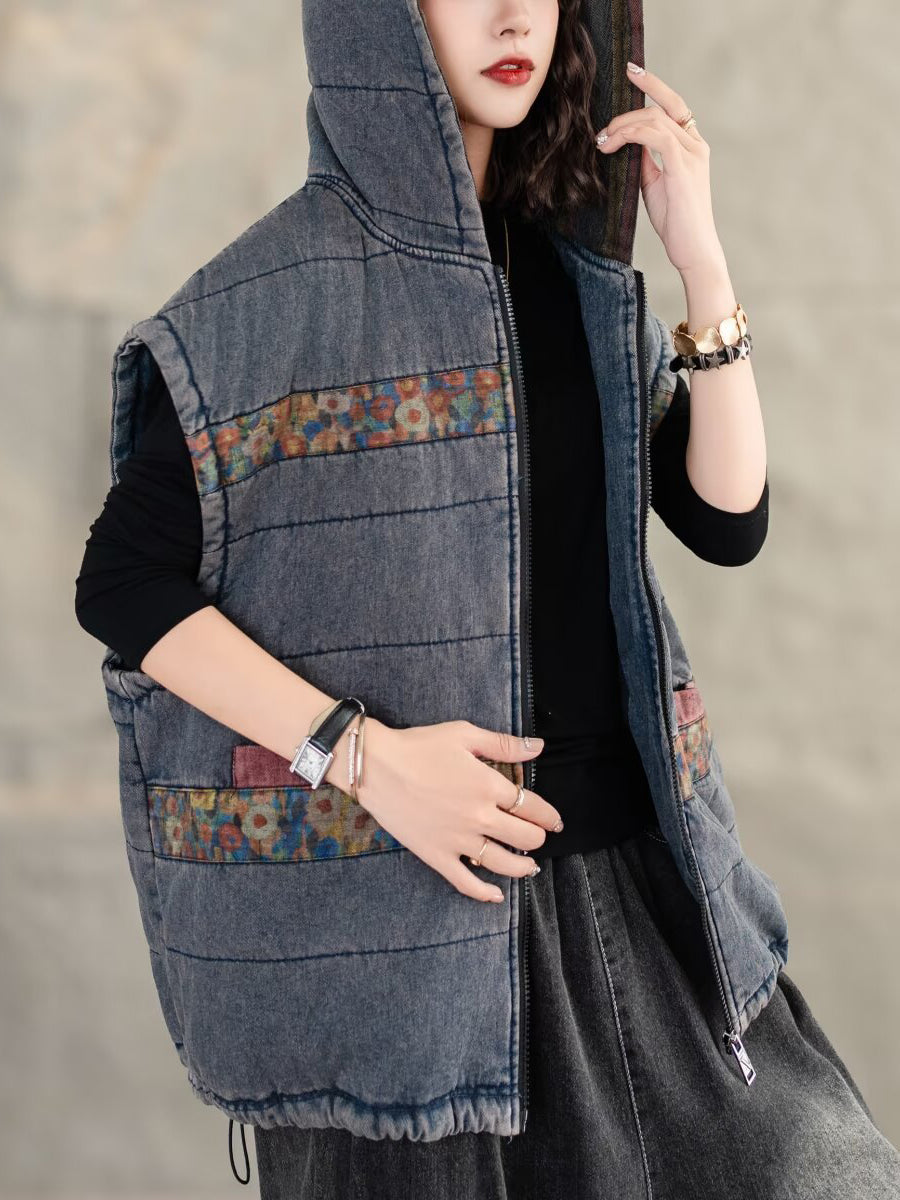 Women Retro Floral Spliced Hooded Cotton Padded Vest Coat WG007