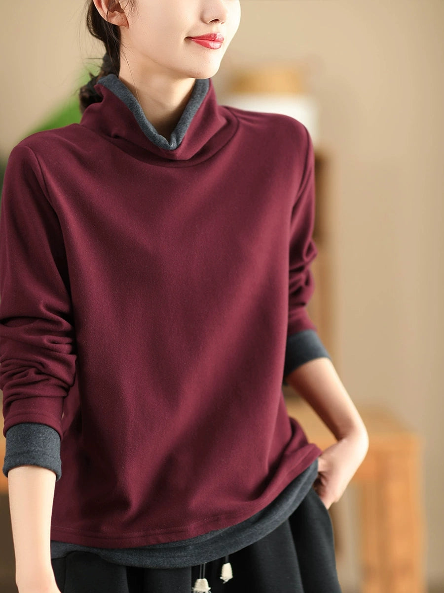 Women Casual Autumn Warm Colorblock Turtleneck Sweatshirt WG010
