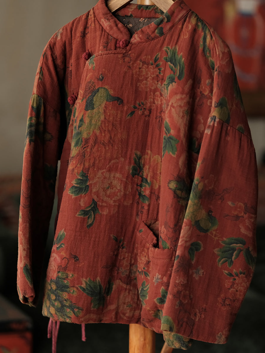 Women Autumn Ethnic Stand Collar Flower Cotton Padded Coat WG016