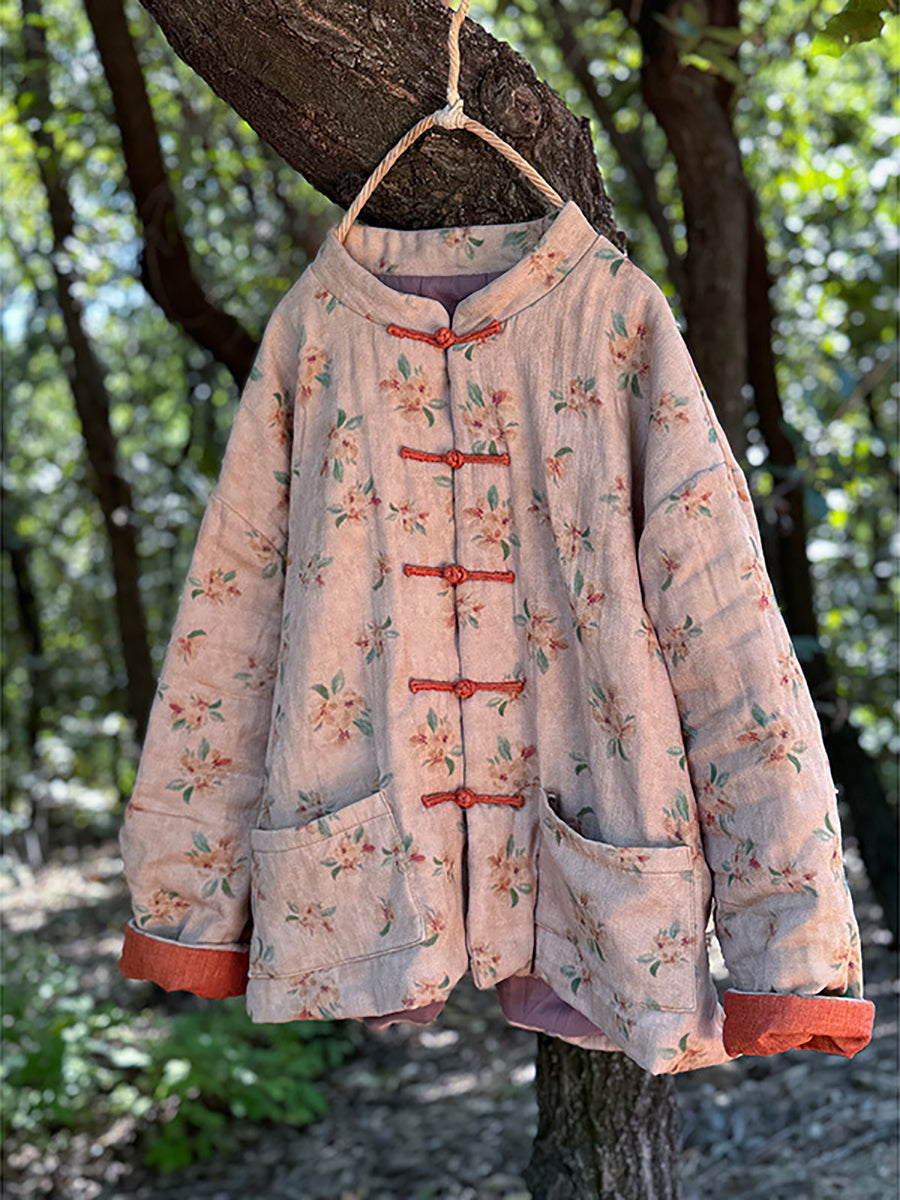 Women Winter Vintage Floral Linen Cotton Padded Coat QM012