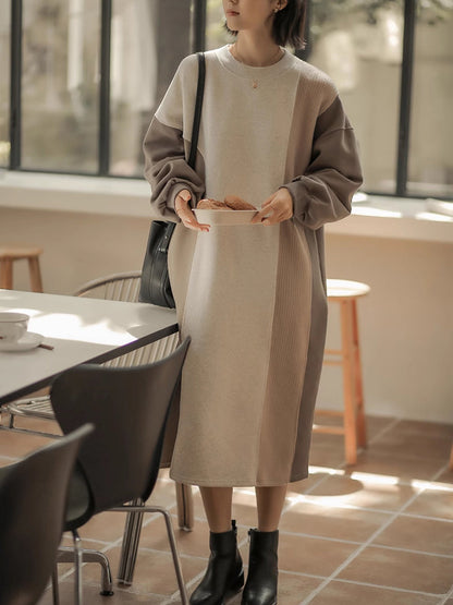 Women Winter Artsy Colorblock Loose Knit Sweater Dress QM016