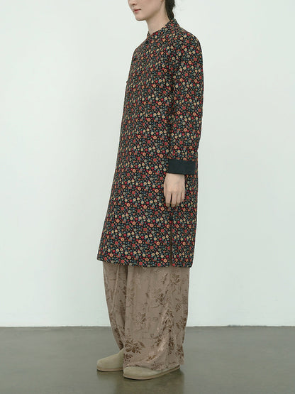 Women Autumn Ethnic Casual Floral Stand Collar Padded Dress WU020