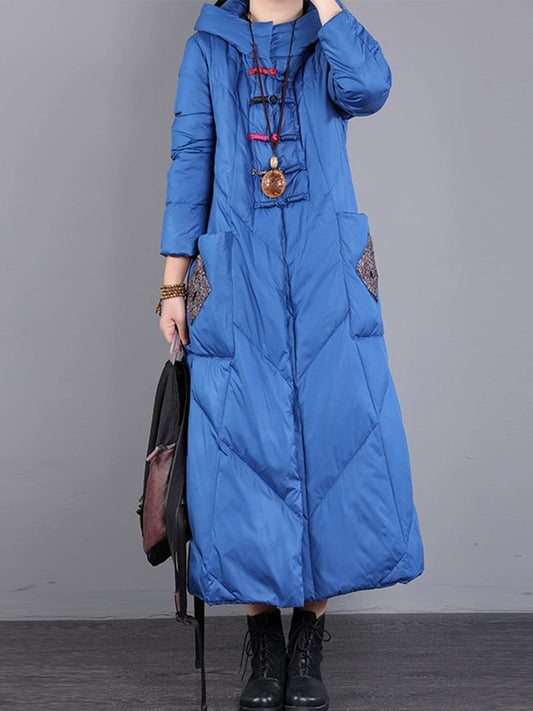 Women Winter Vintage Patch Hooded Long Down Coat WU028