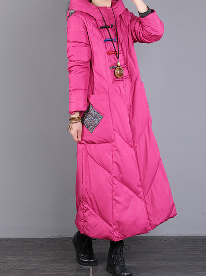 Women Winter Vintage Patch Hooded Long Down Coat WU028