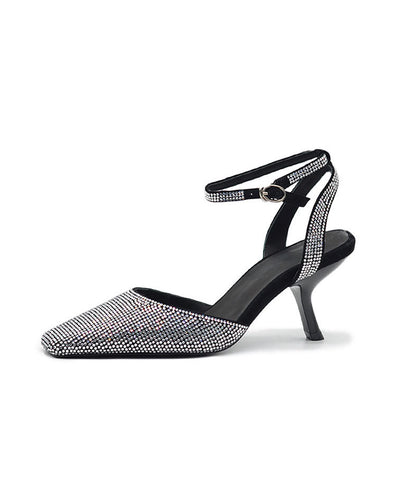 Buckle Sheepskin 2025 Heel High Sandals Black Splicing Strap