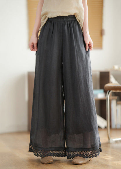 Black Pants Lace Leg New Wide Waist Patchwork Linen 2025 Elastic