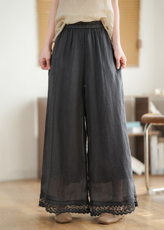 Black Pants Lace Leg New Wide Waist Patchwork Linen 2025 Elastic
