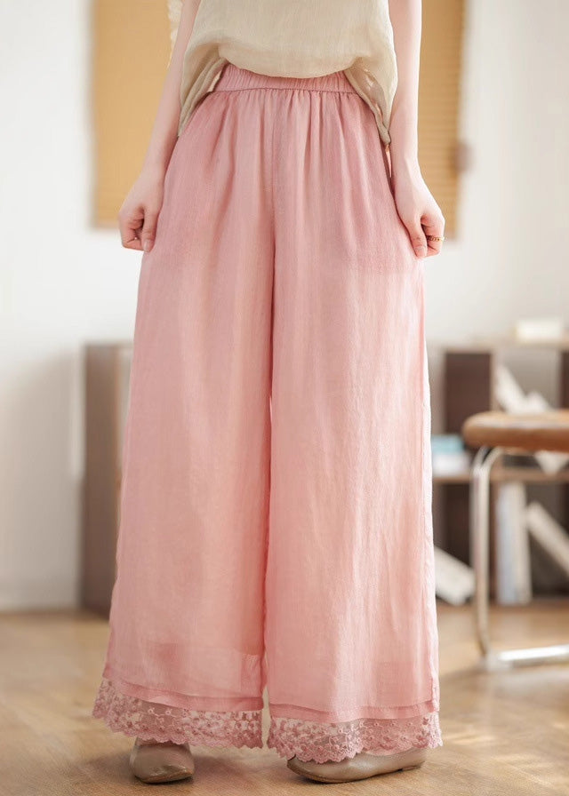 Black Pants Lace Leg New Wide Waist Patchwork Linen 2025 Elastic