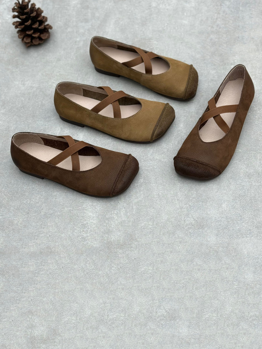 Women Spliced Soft Low Vintage Heel Shoes Leather