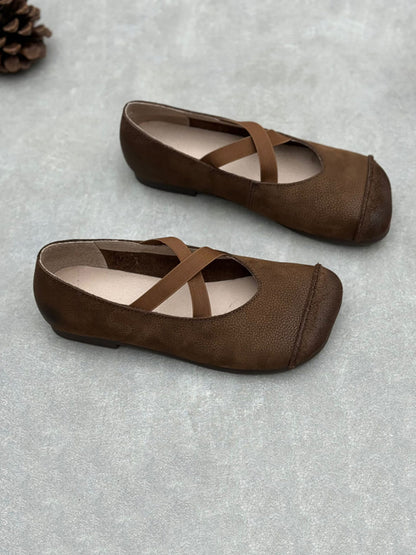 Women Spliced Soft Low Vintage Heel Shoes Leather