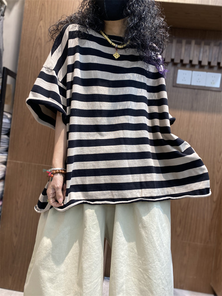 Shirt size Plus Women Summer Stripe O-Neck Colorblock