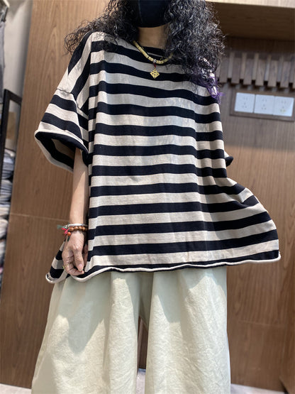Shirt size Plus Women Summer Stripe O-Neck Colorblock