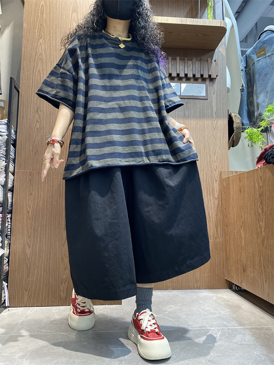 Shirt size Plus Women Summer Stripe O-Neck Colorblock