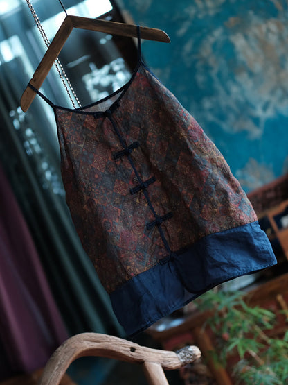 V-Neck Summer Spliced Vest Floral 100%Cotton Vintage Women