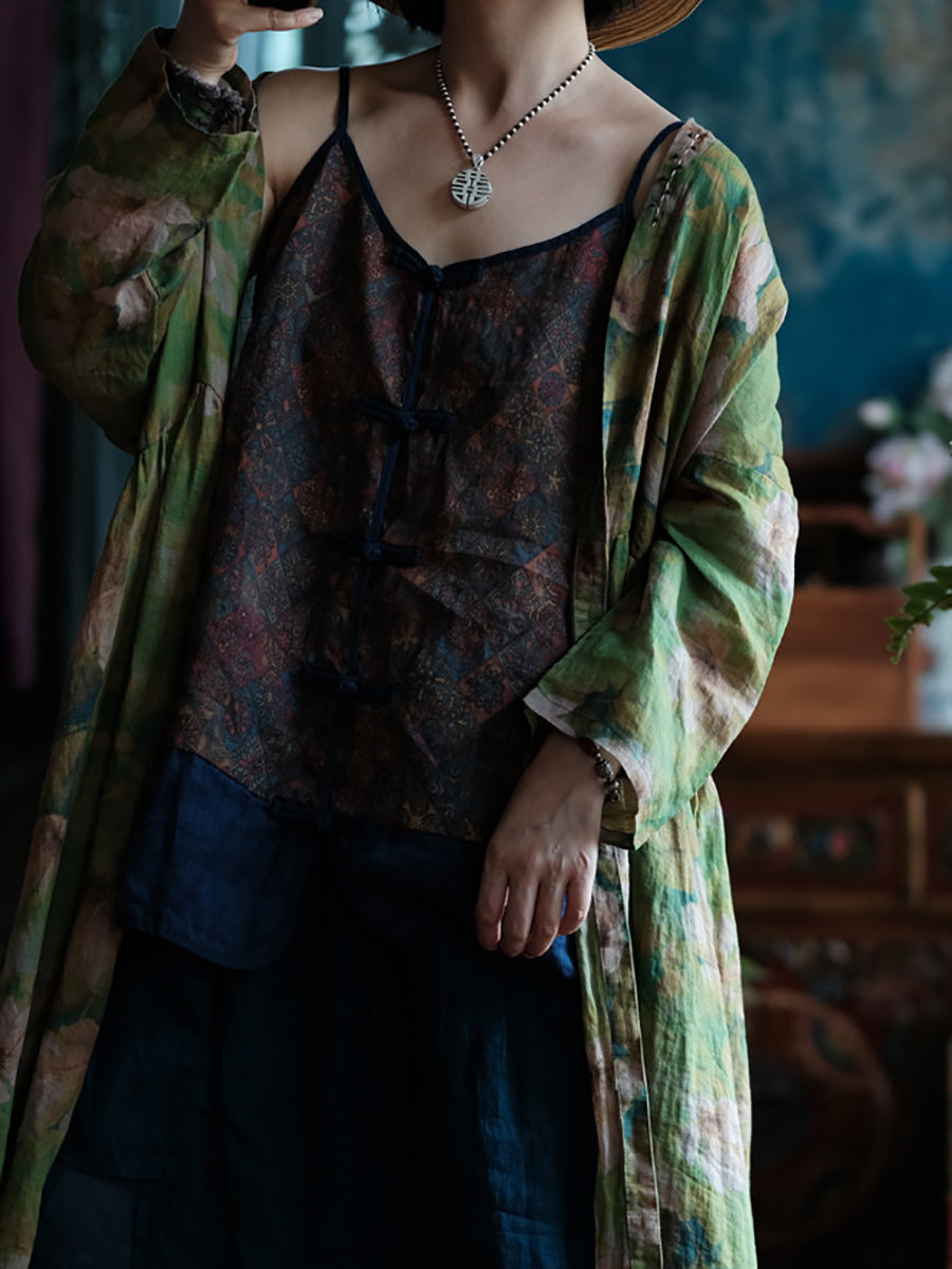 V-Neck Summer Spliced Vest Floral 100%Cotton Vintage Women