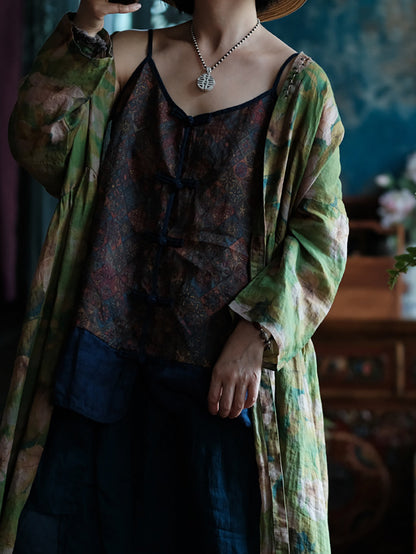 V-Neck Summer Spliced Vest Floral 100%Cotton Vintage Women