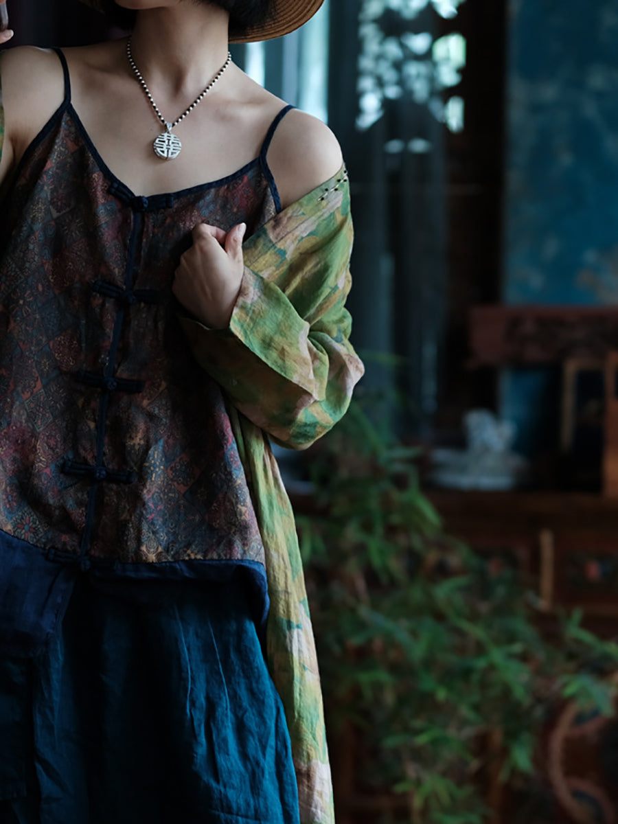 V-Neck Summer Spliced Vest Floral 100%Cotton Vintage Women