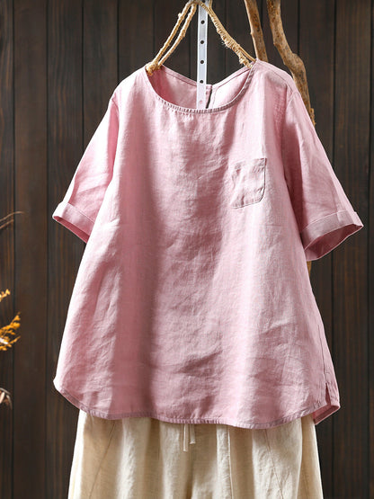 Summer Shirt O-Neck Color Pure Women 100%Linen