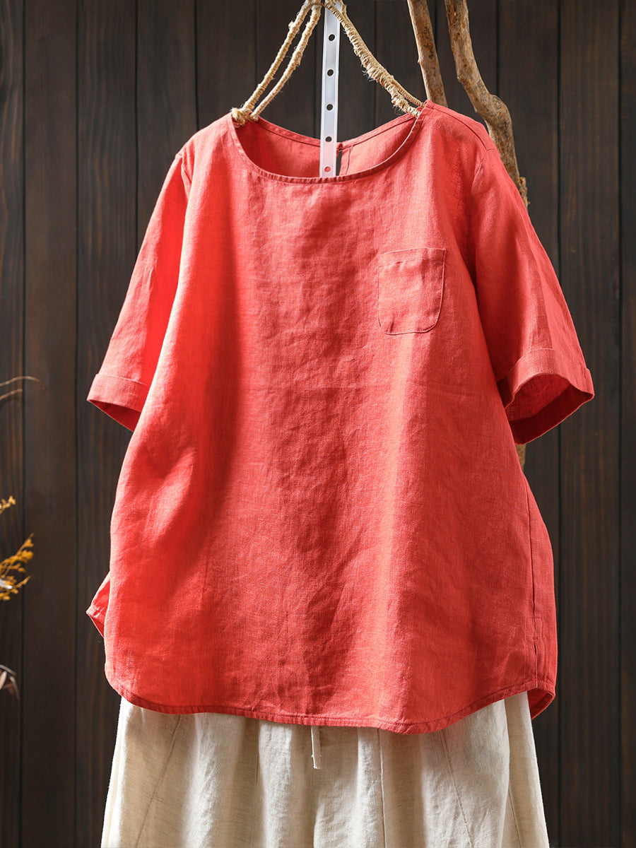 Summer Shirt O-Neck Color Pure Women 100%Linen