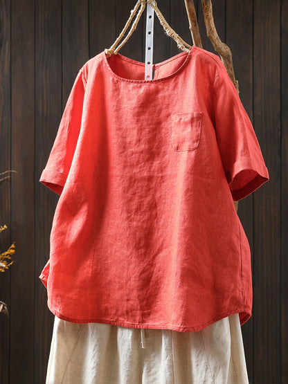 Summer Shirt O-Neck Color Pure Women 100%Linen