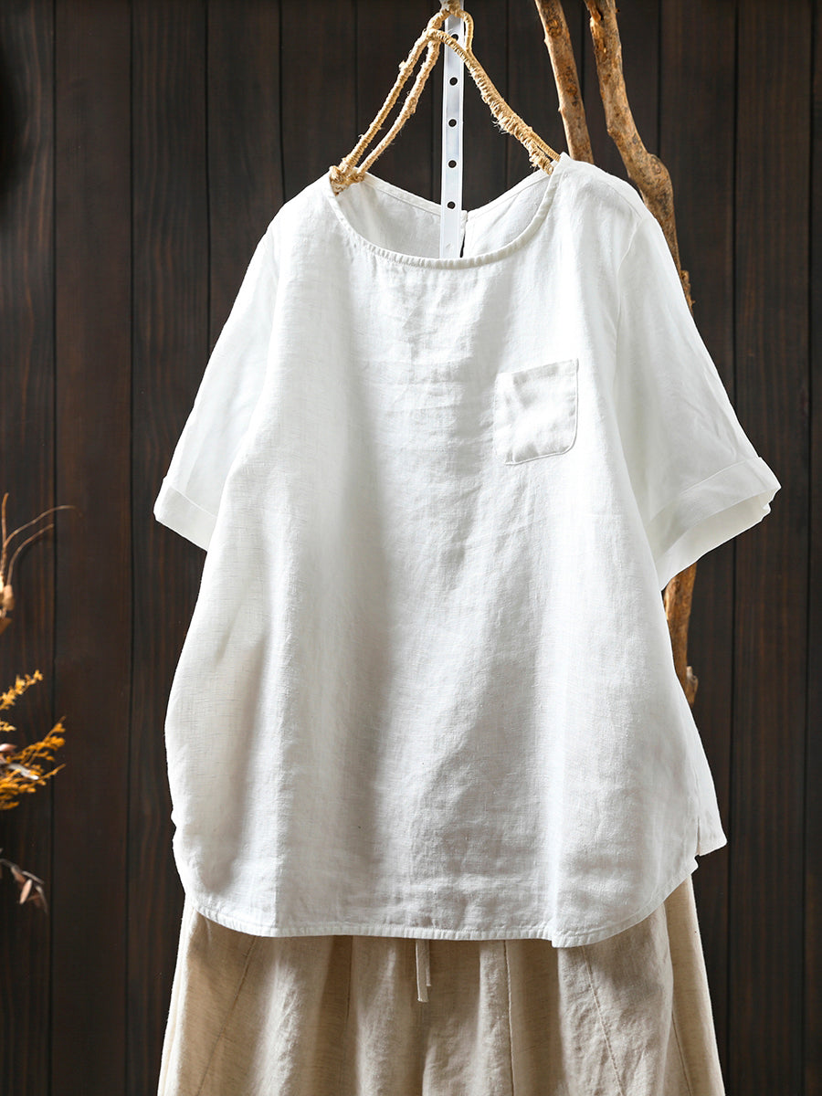 Summer Shirt O-Neck Color Pure Women 100%Linen