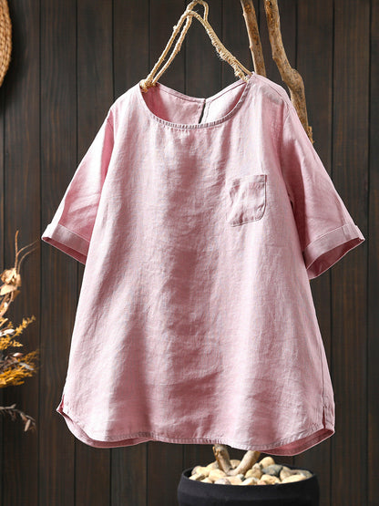 Summer Shirt O-Neck Color Pure Women 100%Linen