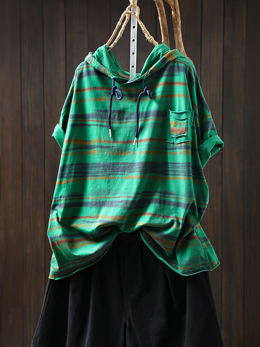 Hooded Women Retro Shirt Summer Stripe Cotton