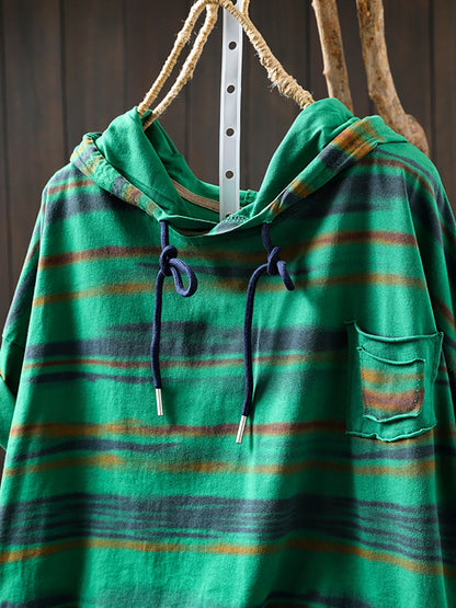 Hooded Women Retro Shirt Summer Stripe Cotton