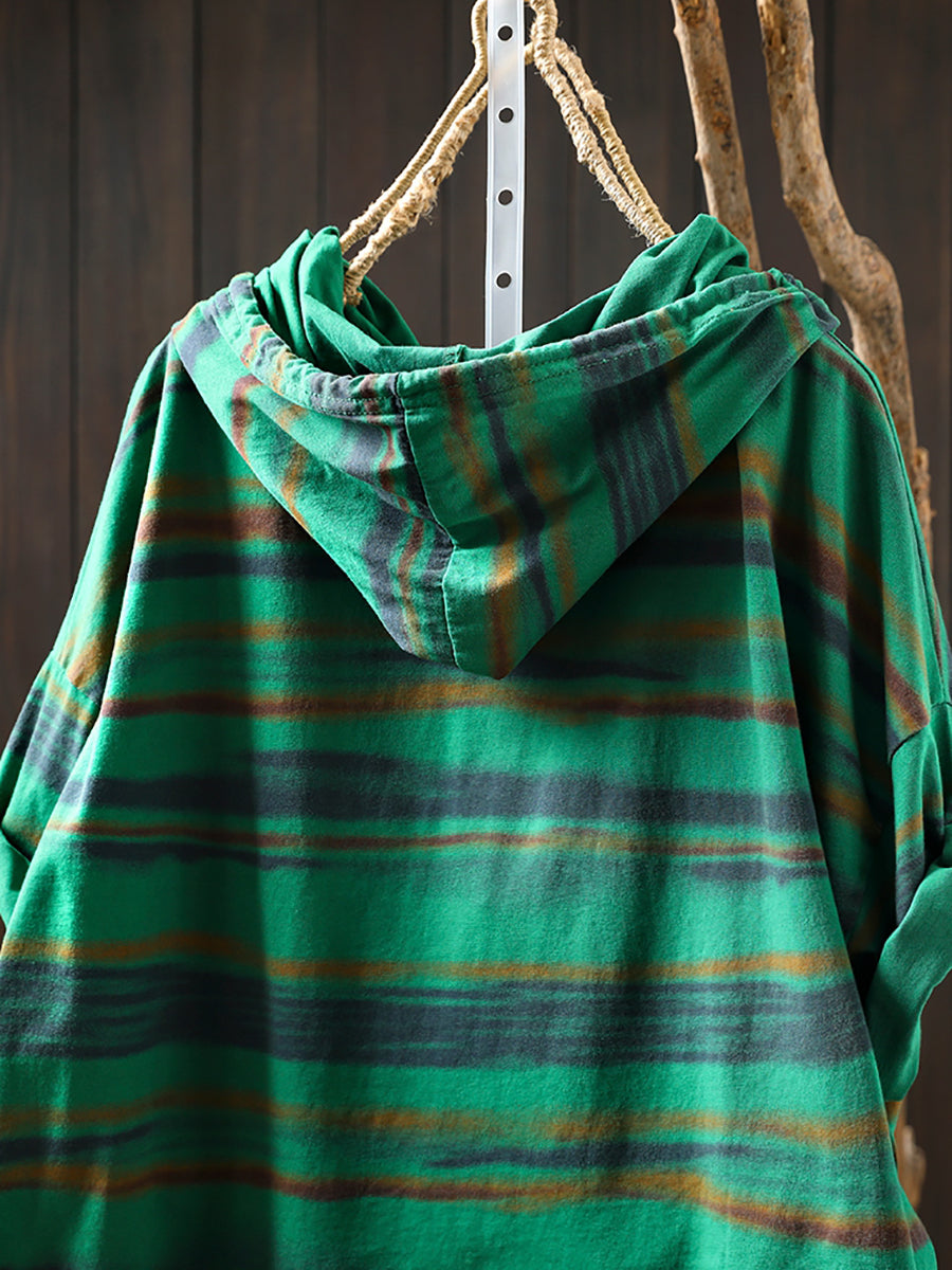 Hooded Women Retro Shirt Summer Stripe Cotton