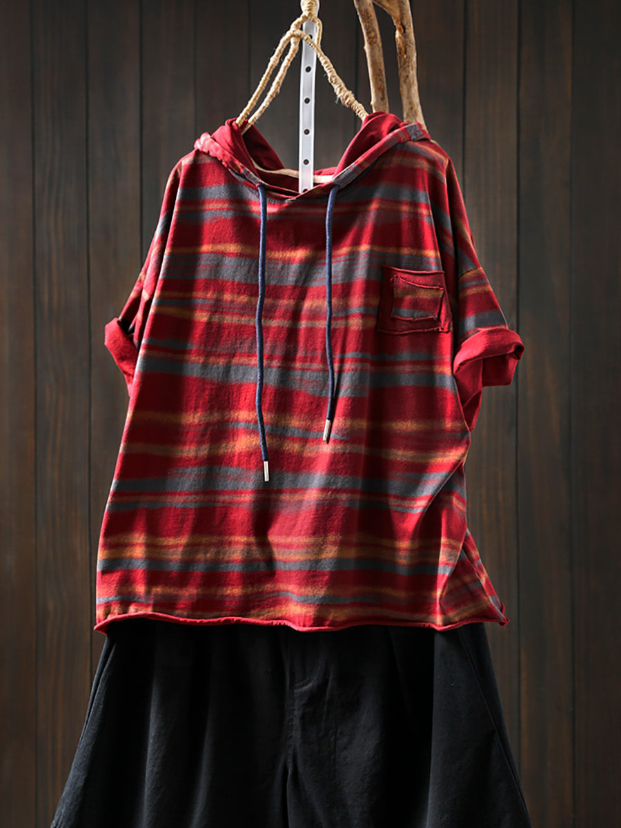 Hooded Women Retro Shirt Summer Stripe Cotton