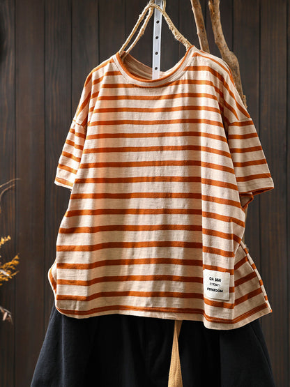 Casual Summer O-Neck Shirt Stripe Colorblock Women Cotton