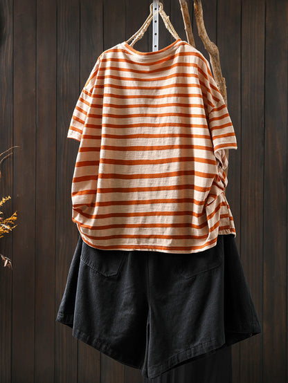 Casual Summer O-Neck Shirt Stripe Colorblock Women Cotton