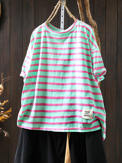 Casual Summer O-Neck Shirt Stripe Colorblock Women Cotton