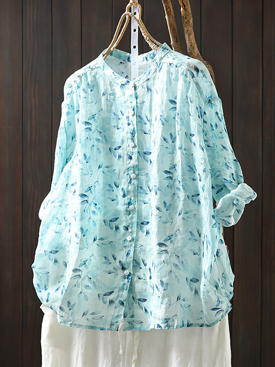 Flower Collar Shirt Women Summer 100%Ramie Stand Artsy