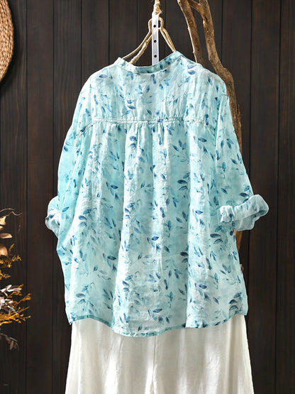 Flower Collar Shirt Women Summer 100%Ramie Stand Artsy