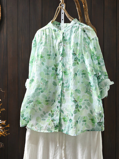 Flower Collar Shirt Women Summer 100%Ramie Stand Artsy