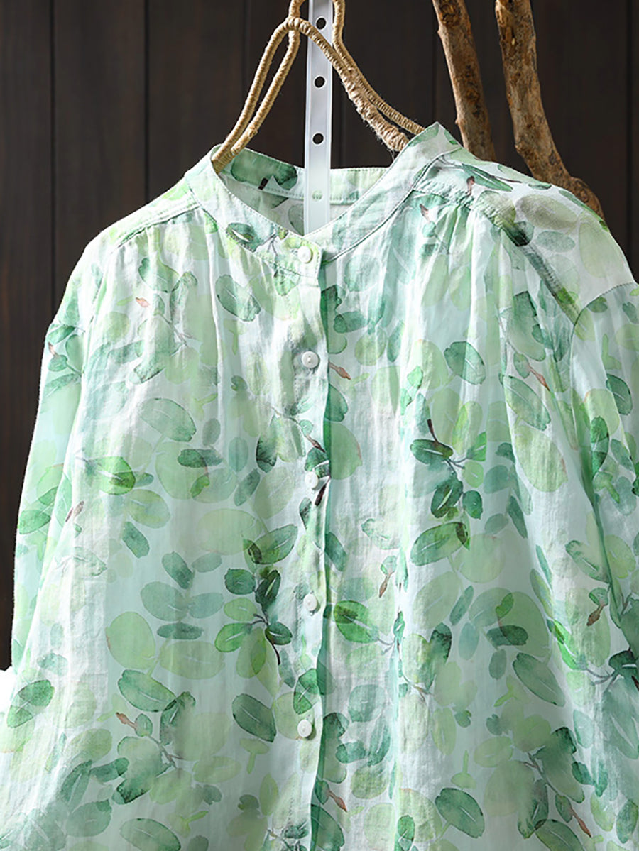 Flower Collar Shirt Women Summer 100%Ramie Stand Artsy