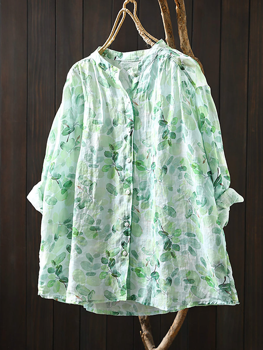 Flower Collar Shirt Women Summer 100%Ramie Stand Artsy