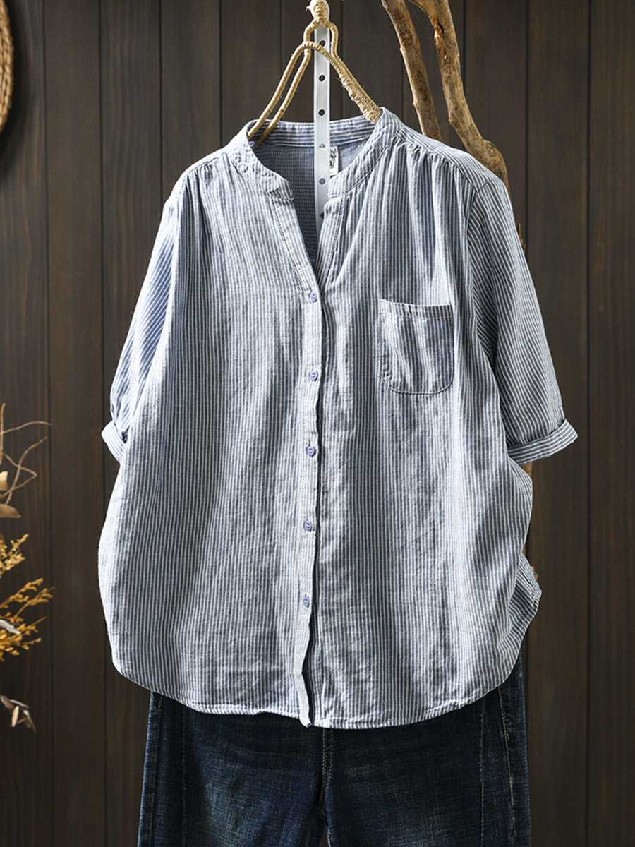 Summer Shirt Casual Stripe 100%Cotton Women V-Neck