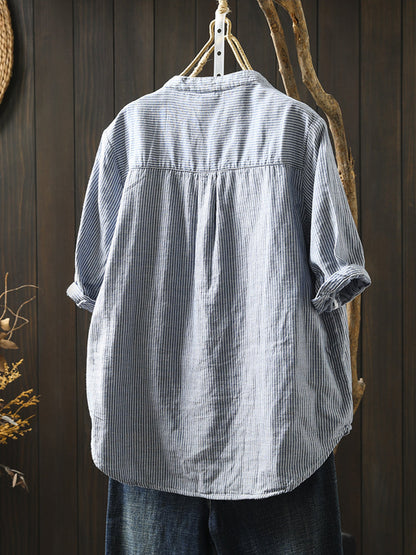 Summer Shirt Casual Stripe 100%Cotton Women V-Neck