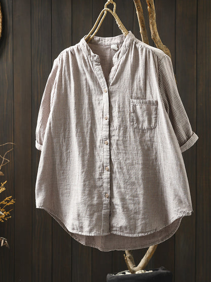 Summer Shirt Casual Stripe 100%Cotton Women V-Neck