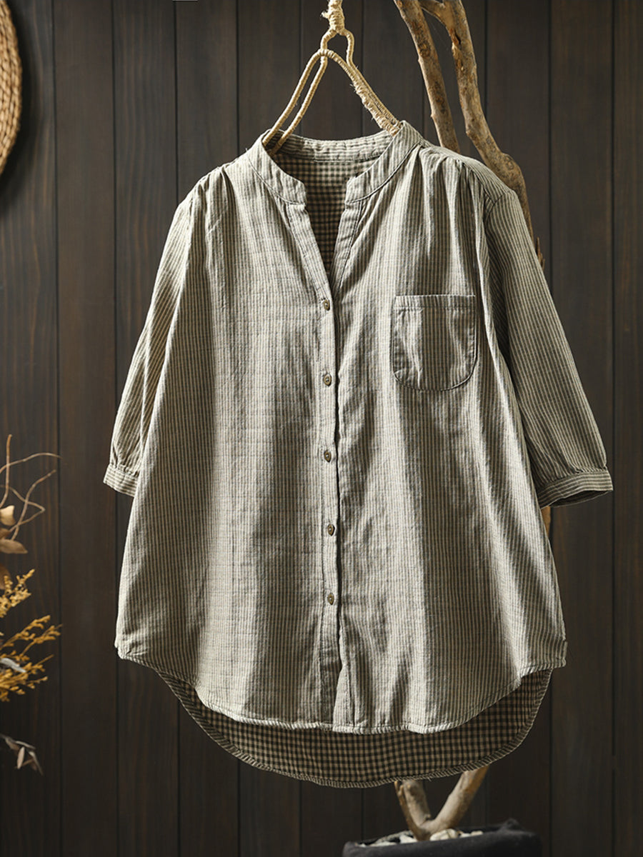 Summer Shirt Casual Stripe 100%Cotton Women V-Neck