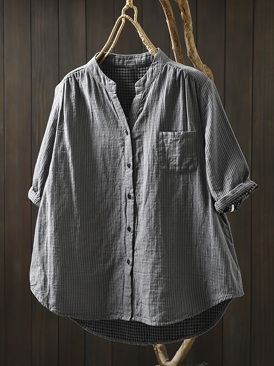 Summer Shirt Casual Stripe 100%Cotton Women V-Neck