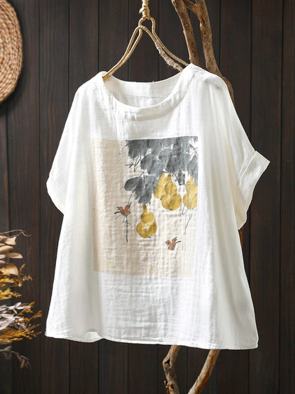 Shirt Summer Print Women Cotton O-Neck Casual