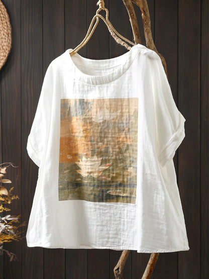 Shirt Summer Print Women Cotton O-Neck Casual